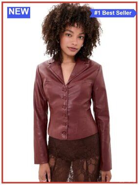 Faux Leather Moto Jacket Corset Seam Notch Lapel Button Front